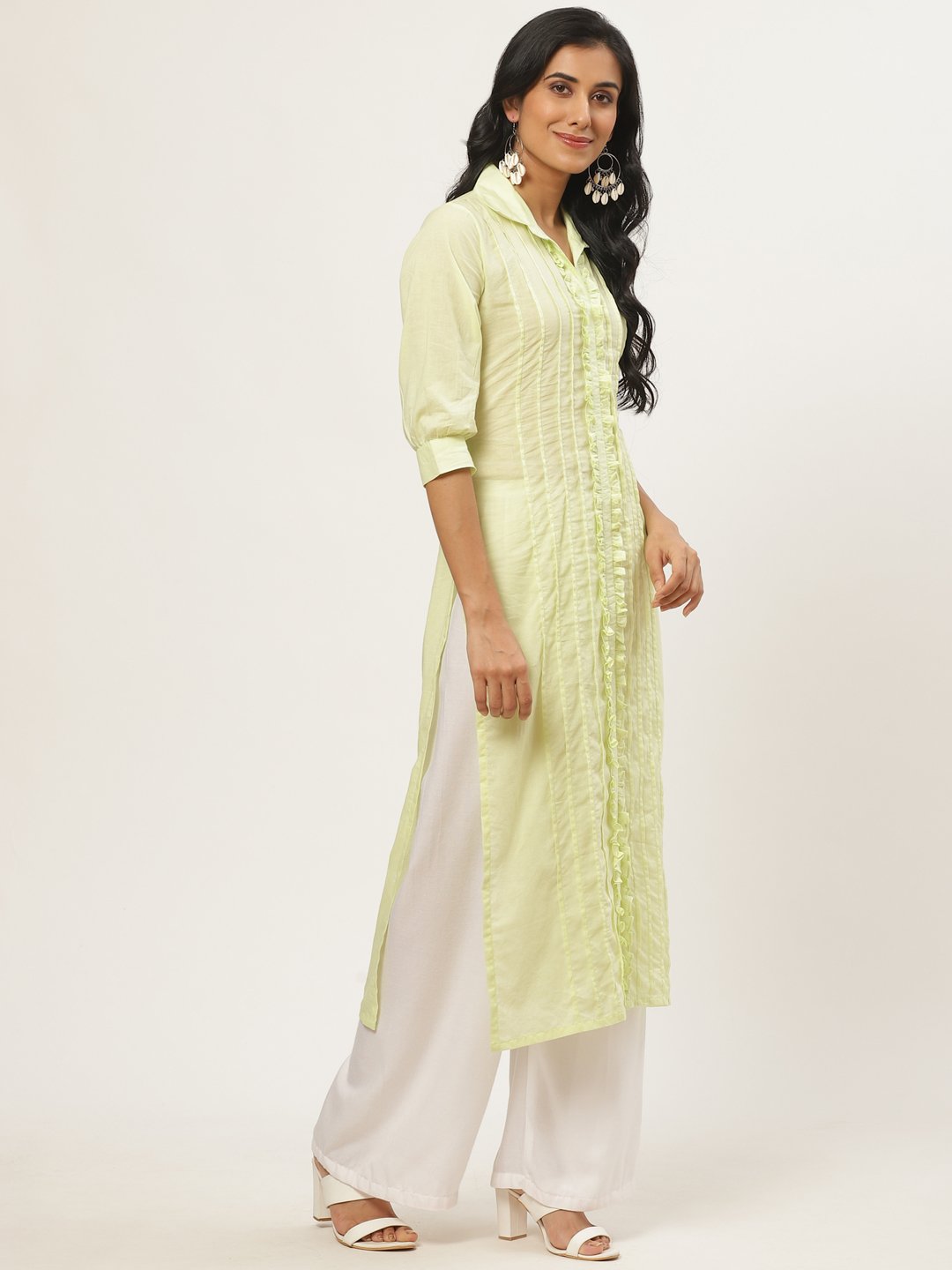 Women Limeyellow Calf Length Three-Quarter Sleeves Straight Solid Solid Cotton Kurta | NOZ2TOZ - Made In INDIA.