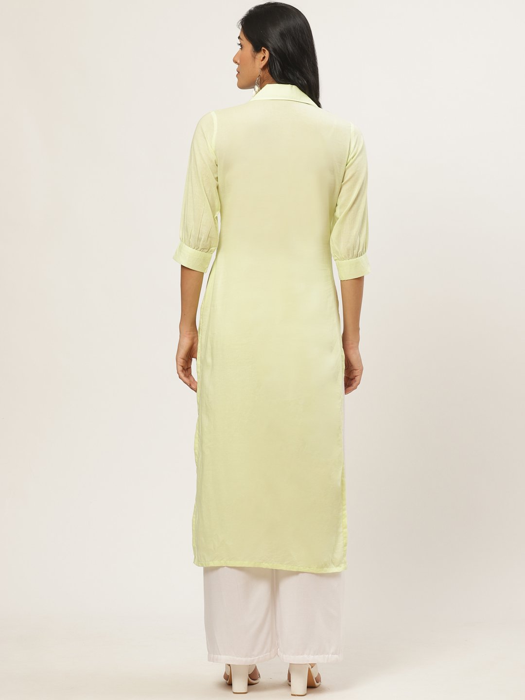 Women Limeyellow Calf Length Three-Quarter Sleeves Straight Solid Solid Cotton Kurta | NOZ2TOZ - Made In INDIA.