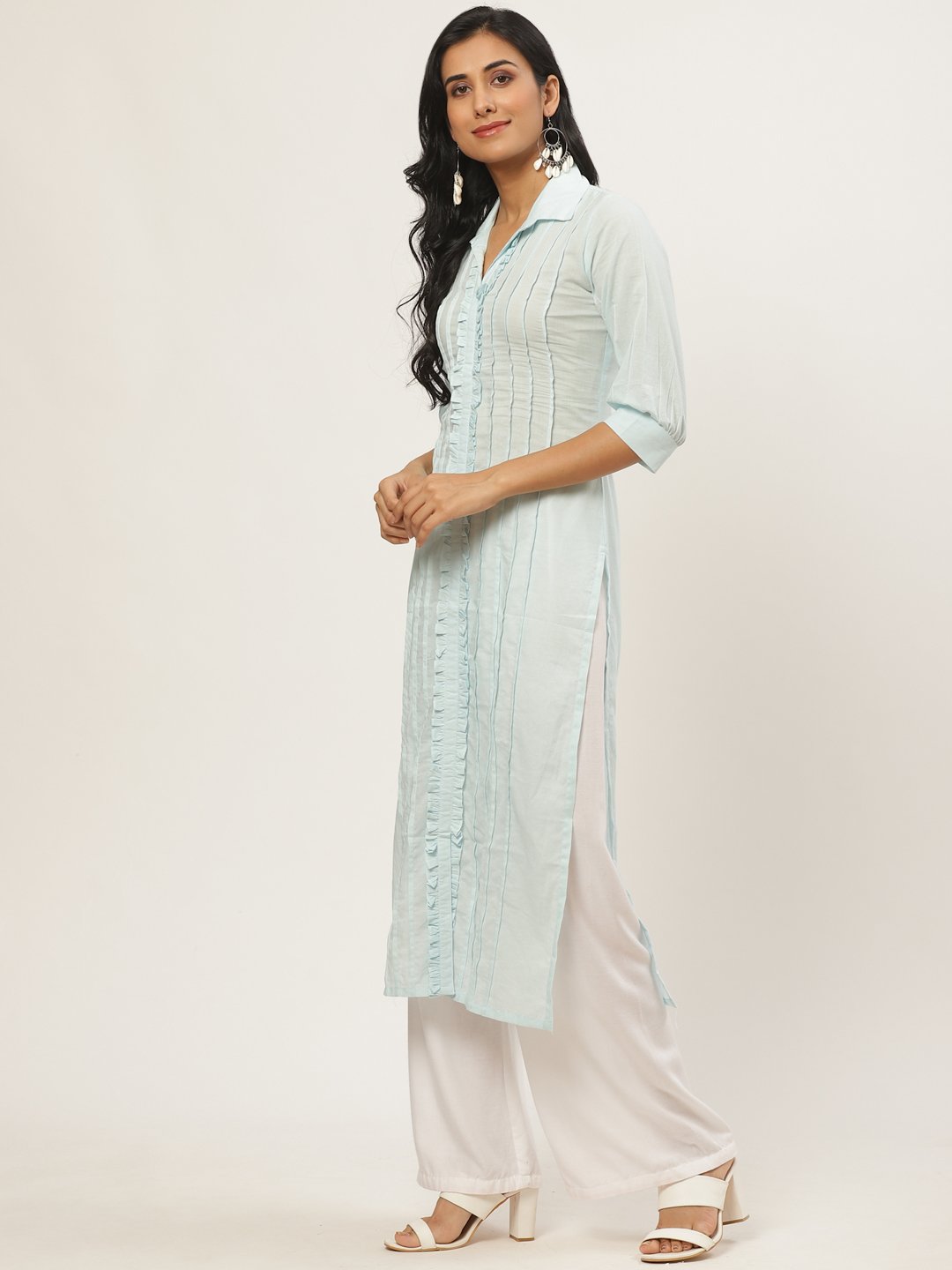 Women Blue Calf Length Three-Quarter Sleeves Straight Solid Solid Cotton Kurta | NOZ2TOZ - Made In INDIA.