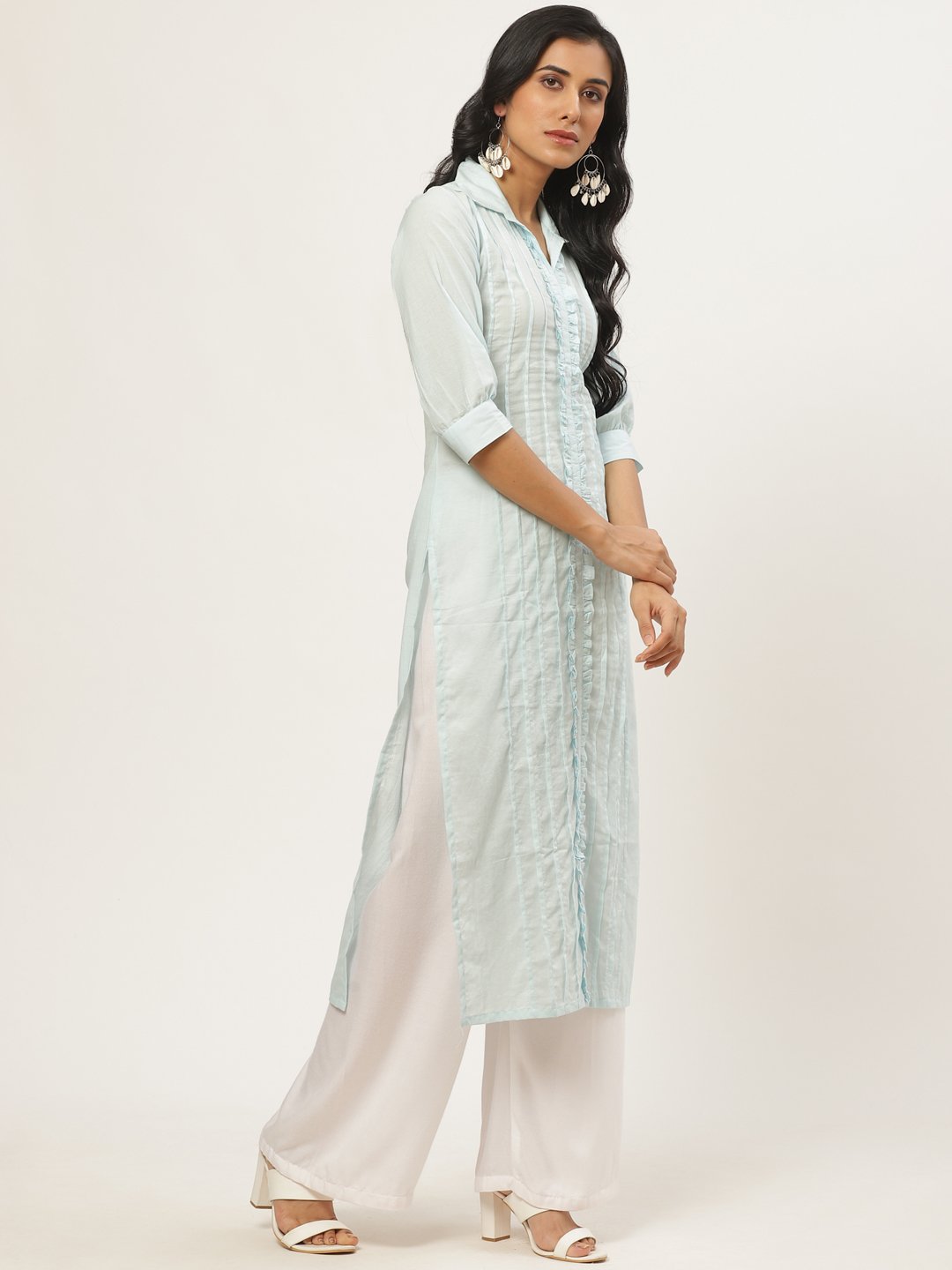 Women Blue Calf Length Three-Quarter Sleeves Straight Solid Solid Cotton Kurta | NOZ2TOZ - Made In INDIA.