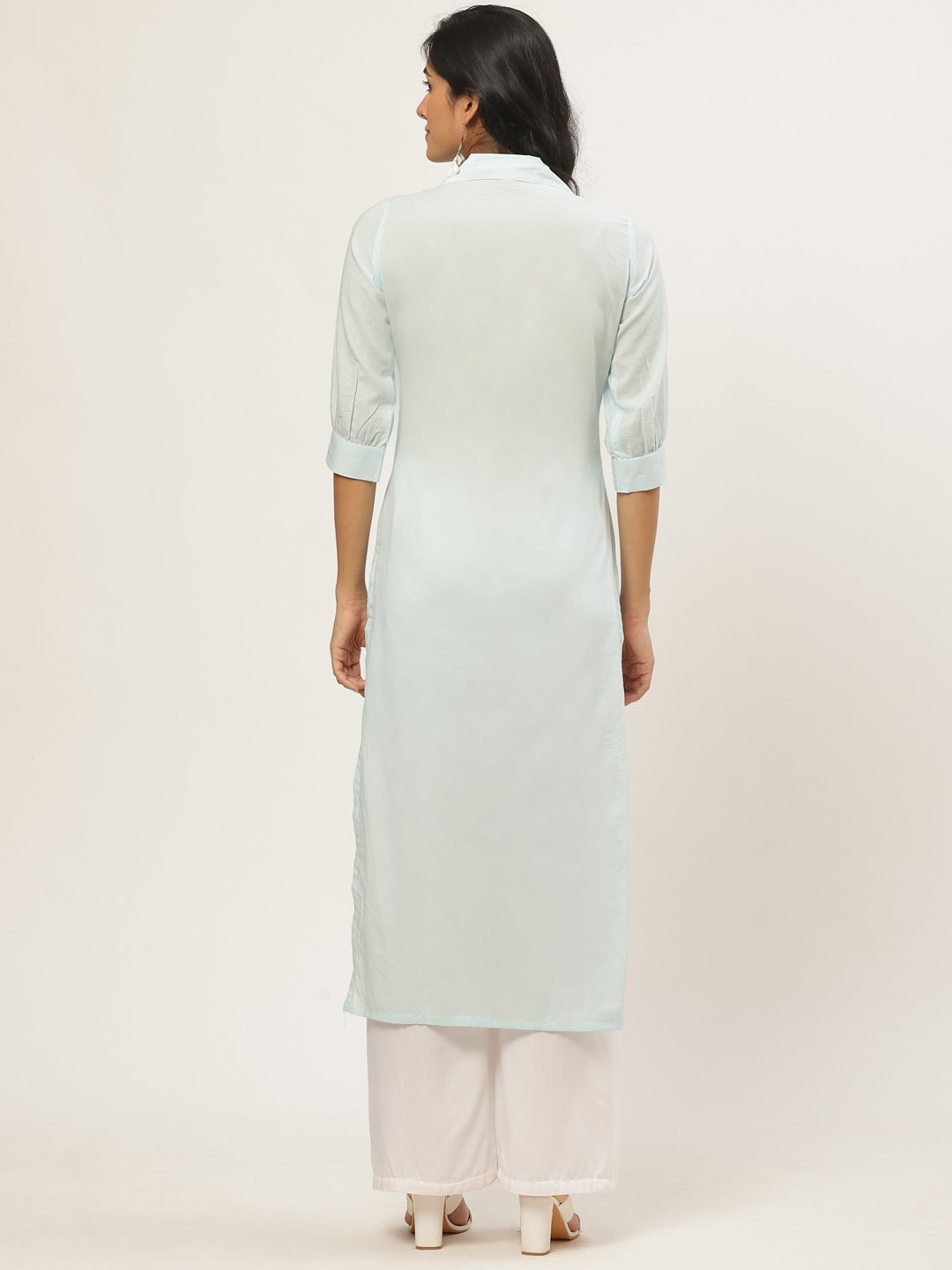 Women Blue Calf Length Three-Quarter Sleeves Straight Solid Solid Cotton Kurta | NOZ2TOZ - Made In INDIA.