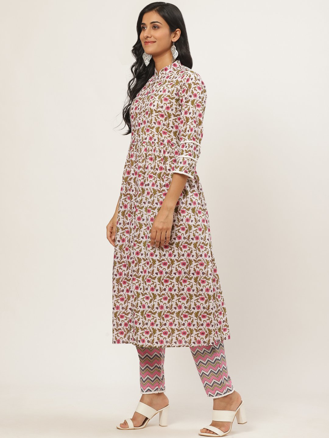 Women White Three-Quarter Sleeves Flared Kurta with Palazzo | NOZ2TOZ - Made In INDIA.