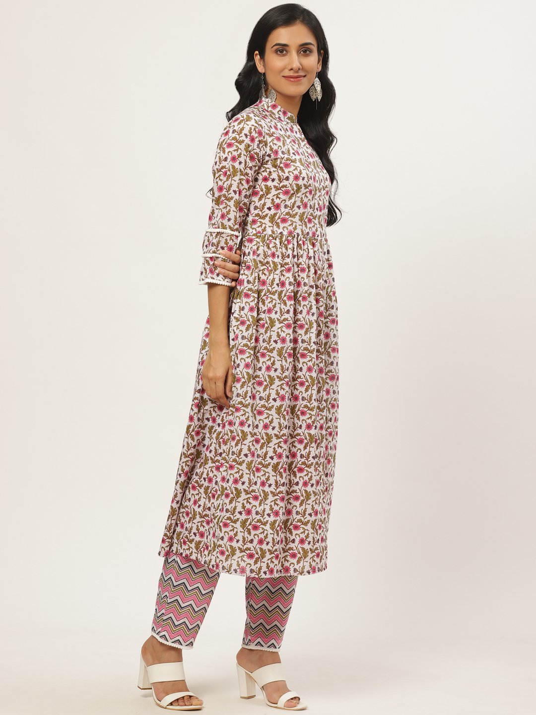 Women White Three-Quarter Sleeves Flared Kurta with Palazzo | NOZ2TOZ - Made In INDIA.