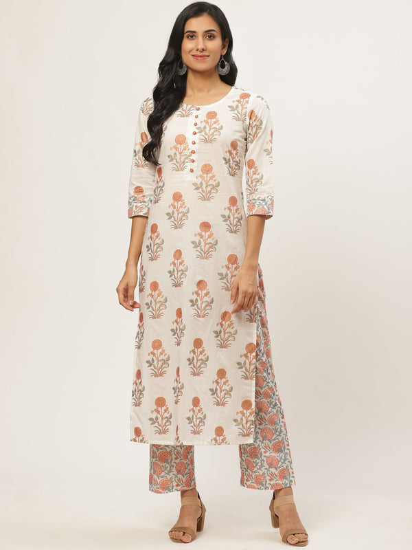 Women Cream Three-Quarter Sleeves Straight Kurta with Palazzo | NOZ2TOZ - Made In INDIA.