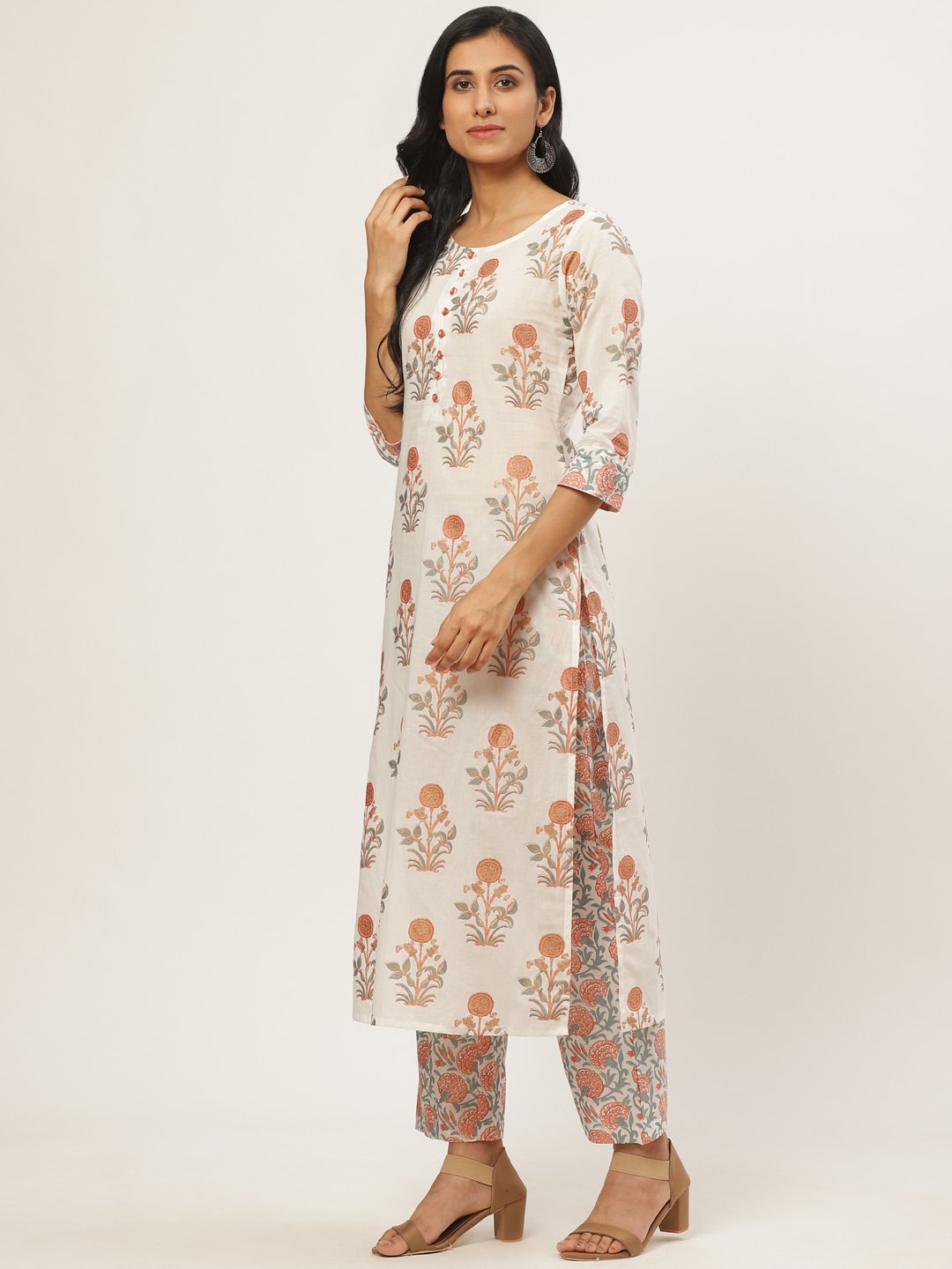 Women Cream Three-Quarter Sleeves Straight Kurta with Palazzo | NOZ2TOZ - Made In INDIA.