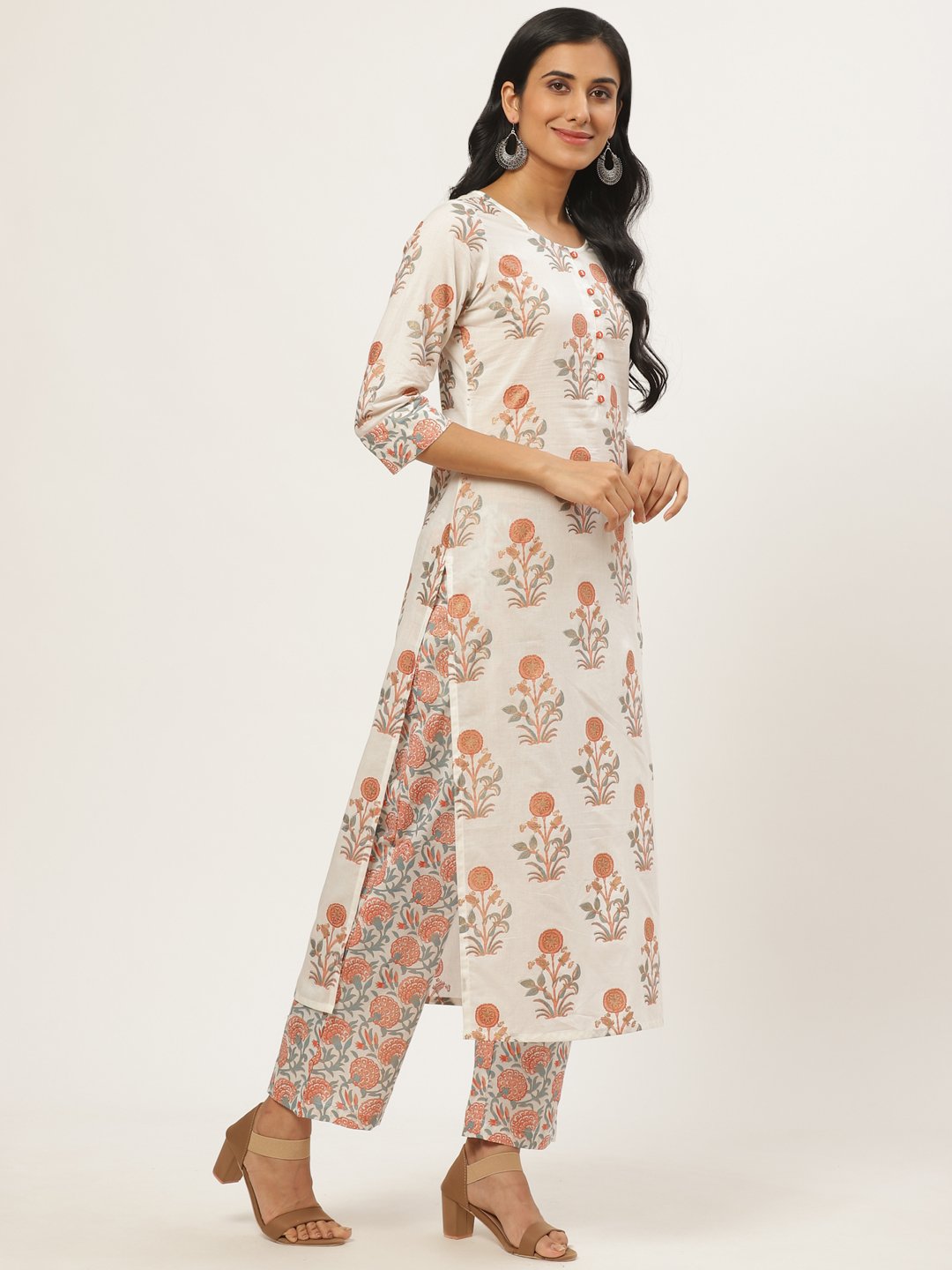 Women Cream Three-Quarter Sleeves Straight Kurta with Palazzo | NOZ2TOZ - Made In INDIA.