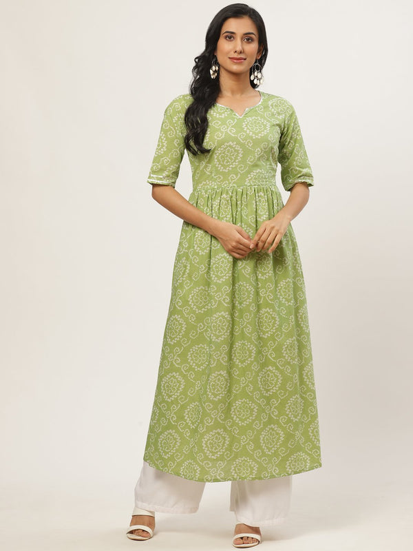 Women Green Calf Length Short Sleeves A-Line Bandhani Printed Cotton Kurta | NOZ2TOZ - Made In INDIA.