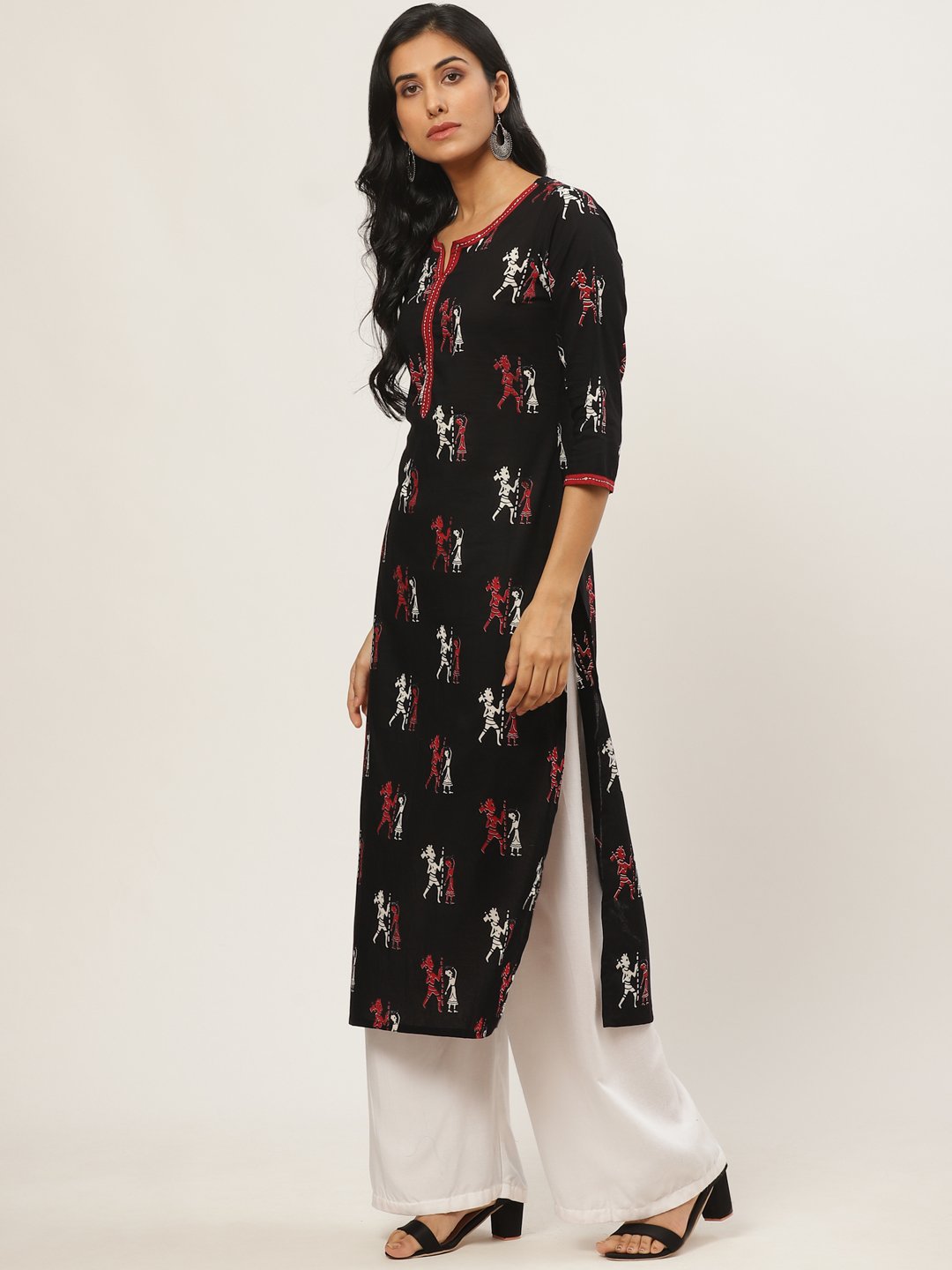 Women Black Calf Length Three-Quarter Sleeves Straight Quirky Printed Cotton Kurta | NOZ2TOZ - Made In INDIA.