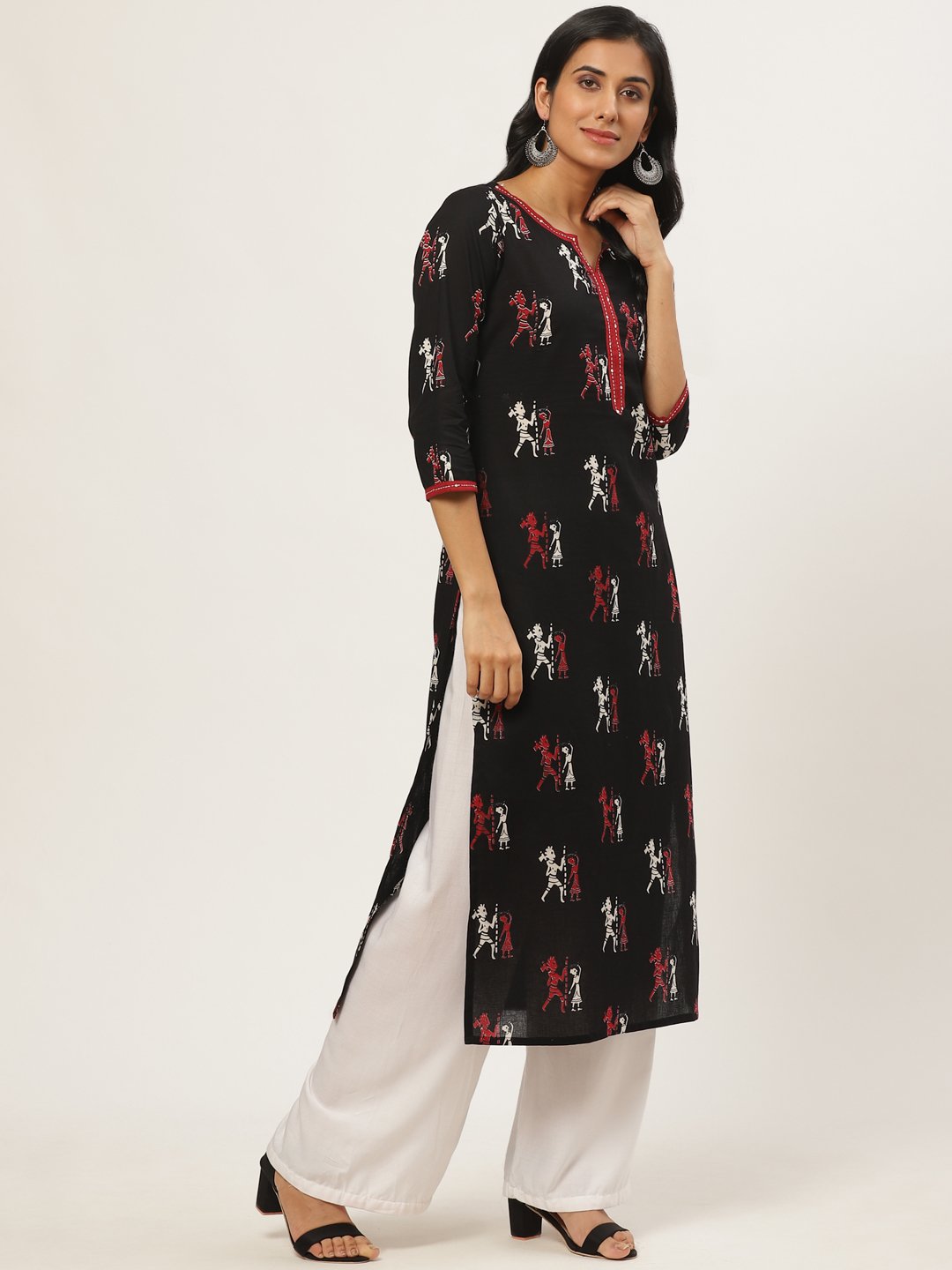 Women Black Calf Length Three-Quarter Sleeves Straight Quirky Printed Cotton Kurta | NOZ2TOZ - Made In INDIA.