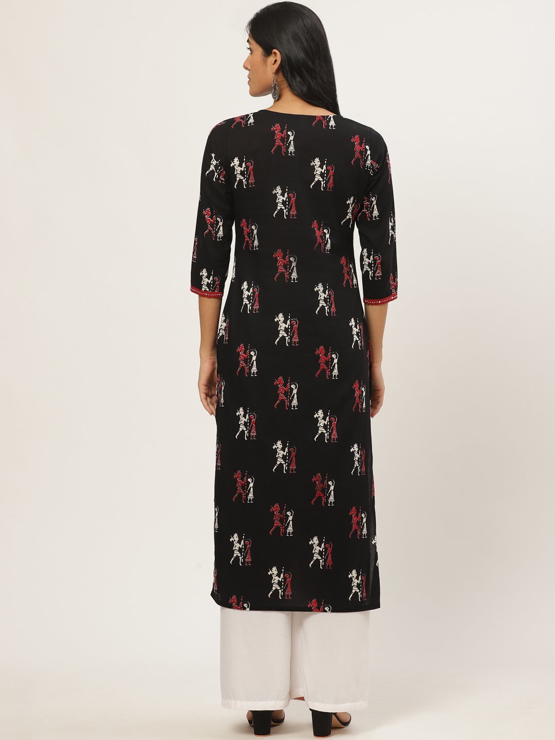 Women Black Calf Length Three-Quarter Sleeves Straight Quirky Printed Cotton Kurta | NOZ2TOZ - Made In INDIA.