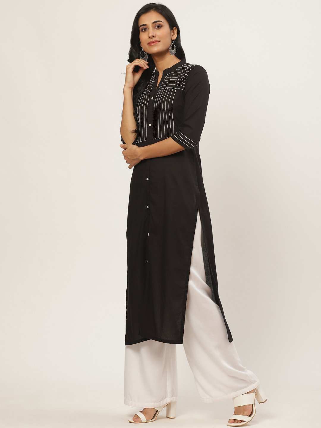 Women Black Calf Length Three-Quarter Sleeves Straight Solid Yoke Design Cotton Kurta | NOZ2TOZ - Made In INDIA.