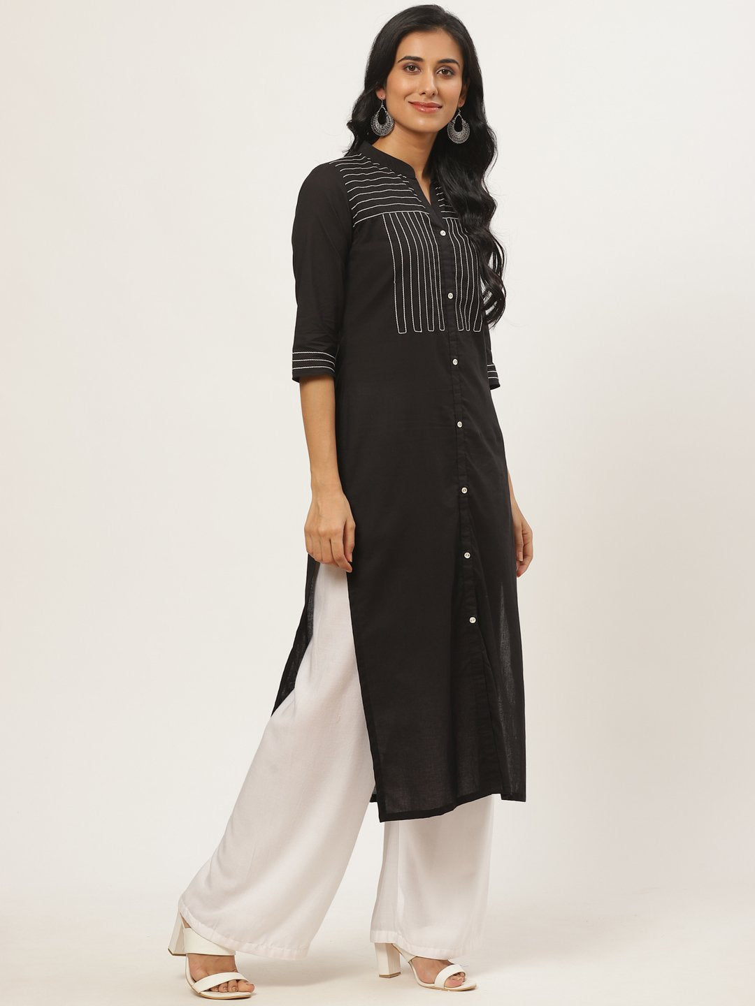 Women Black Calf Length Three-Quarter Sleeves Straight Solid Yoke Design Cotton Kurta | NOZ2TOZ - Made In INDIA.