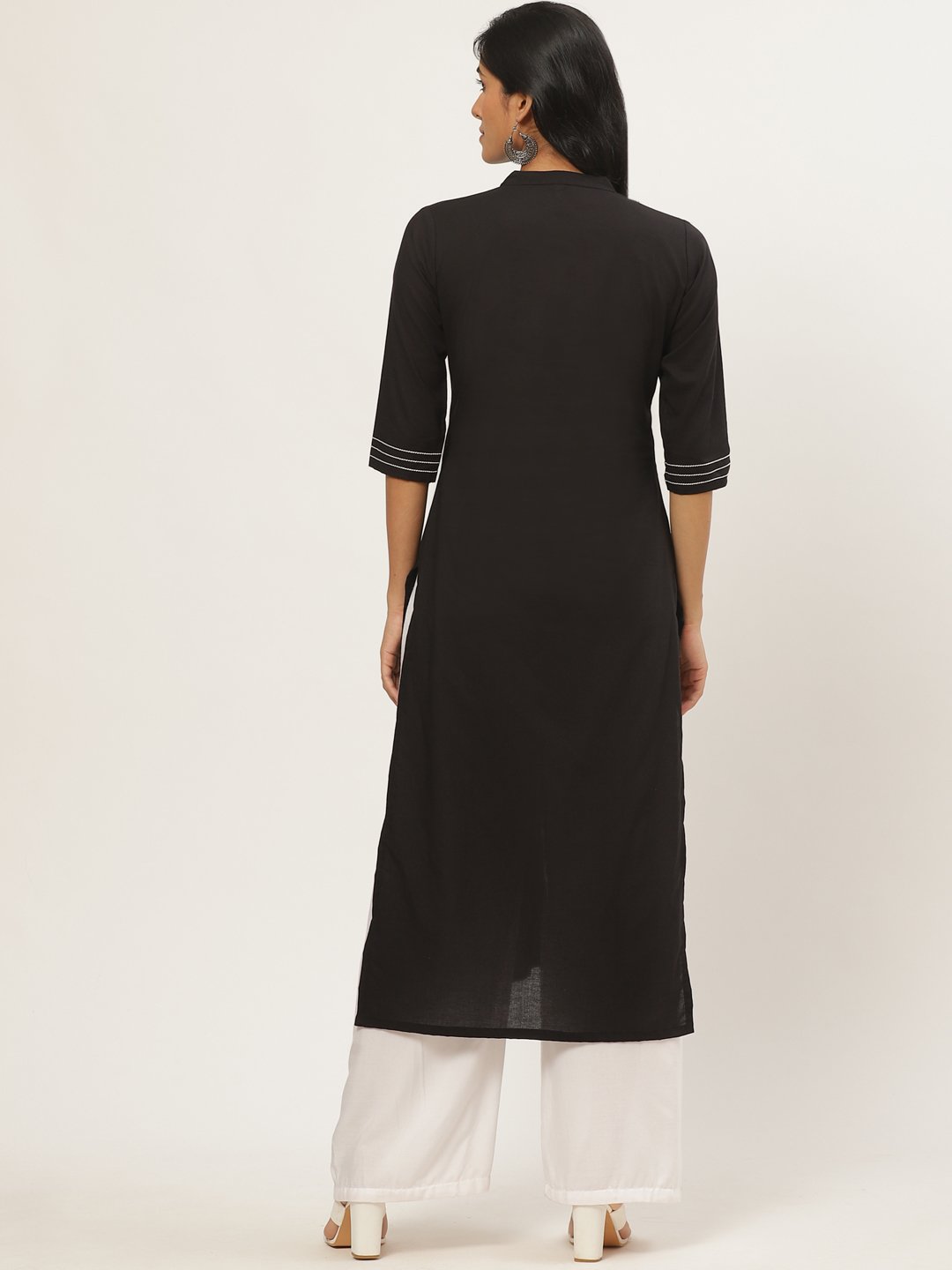 Women Black Calf Length Three-Quarter Sleeves Straight Solid Yoke Design Cotton Kurta | NOZ2TOZ - Made In INDIA.