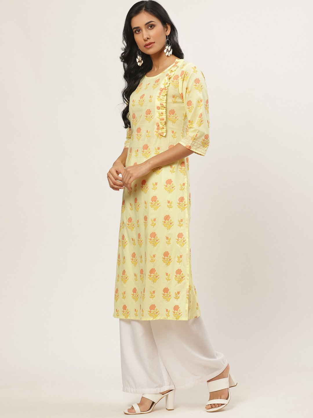 Women Yellow Calf Length Three-Quarter Sleeves Straight Floral Yoke Design Cotton Kurta | NOZ2TOZ - Made In INDIA.