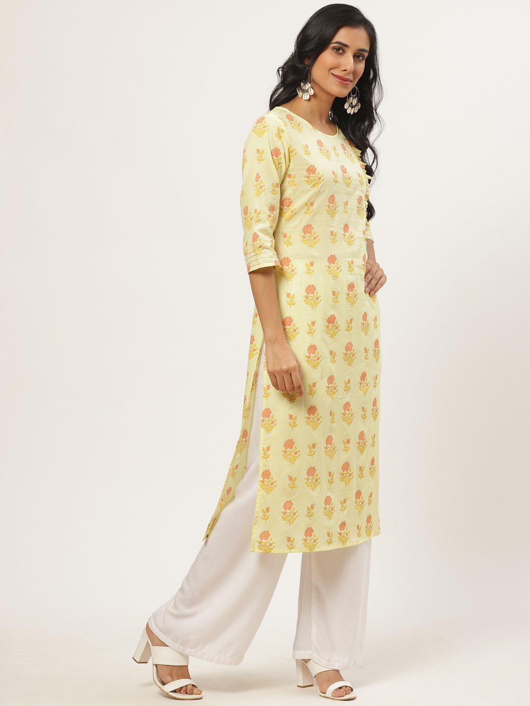 Women Yellow Calf Length Three-Quarter Sleeves Straight Floral Yoke Design Cotton Kurta | NOZ2TOZ - Made In INDIA.