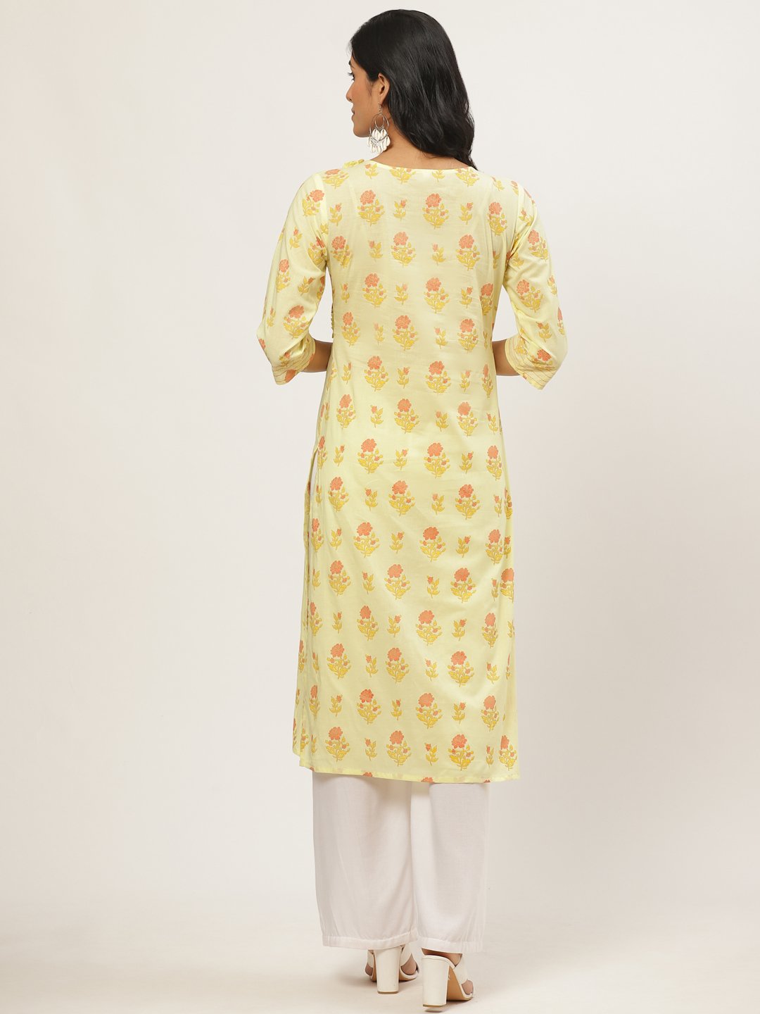 Women Yellow Calf Length Three-Quarter Sleeves Straight Floral Yoke Design Cotton Kurta | NOZ2TOZ - Made In INDIA.