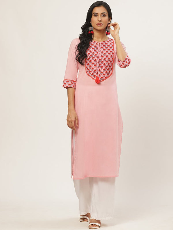 Women Pink Calf Length Three-Quarter Sleeves Straight Solid Yoke Design Cotton Kurta | NOZ2TOZ - Made In INDIA.