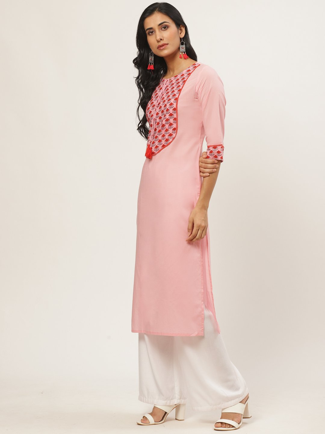 Women Pink Calf Length Three-Quarter Sleeves Straight Solid Yoke Design Cotton Kurta | NOZ2TOZ - Made In INDIA.