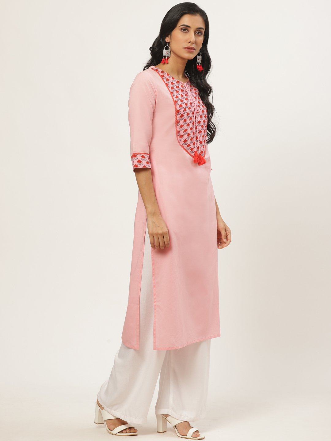 Women Pink Calf Length Three-Quarter Sleeves Straight Solid Yoke Design Cotton Kurta | NOZ2TOZ - Made In INDIA.