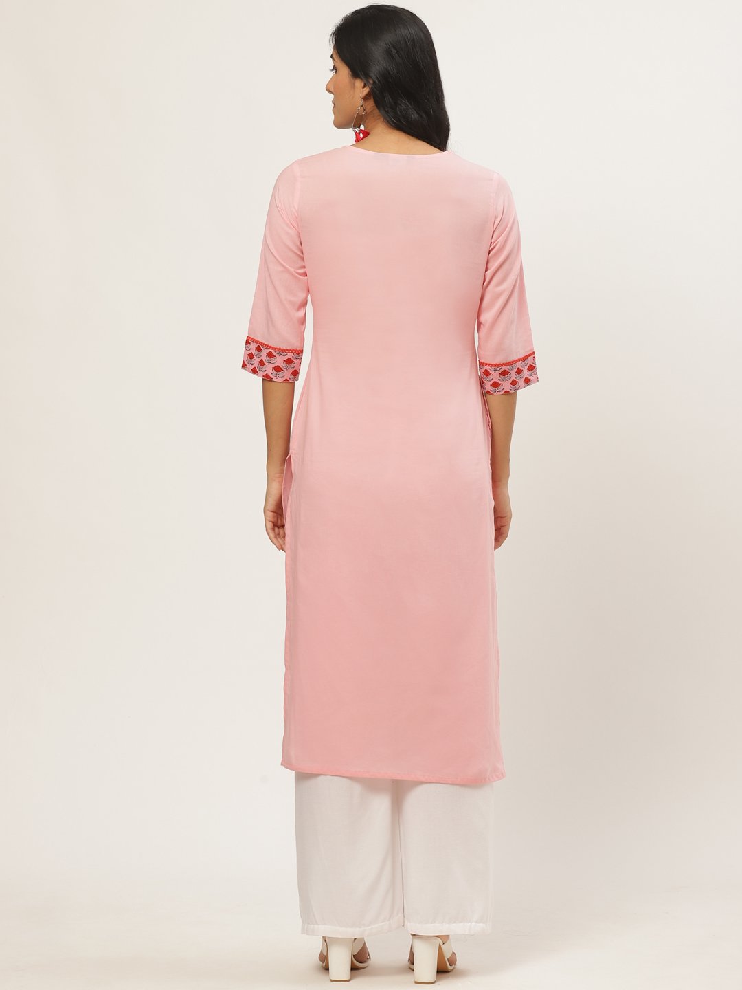 Women Pink Calf Length Three-Quarter Sleeves Straight Solid Yoke Design Cotton Kurta | NOZ2TOZ - Made In INDIA.