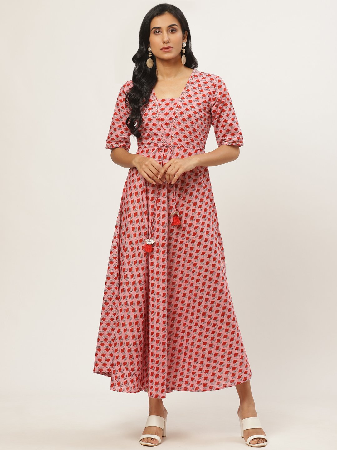 Women Pink Floral Printed Square Neck Cotton Fit and Flare Dress | NOZ2TOZ - Made In INDIA.