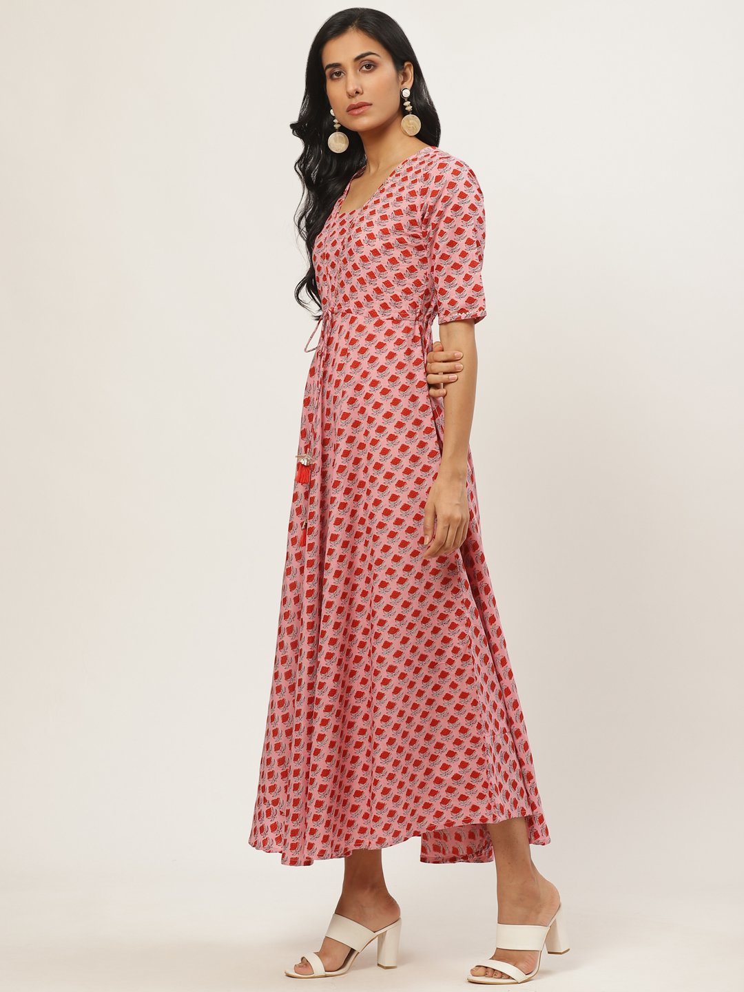 Women Pink Floral Printed Square Neck Cotton Fit and Flare Dress | NOZ2TOZ - Made In INDIA.