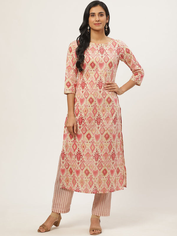 Women Beige Three-Quarter Sleeves Straight Kurta with Trouser | NOZ2TOZ - Made In INDIA.