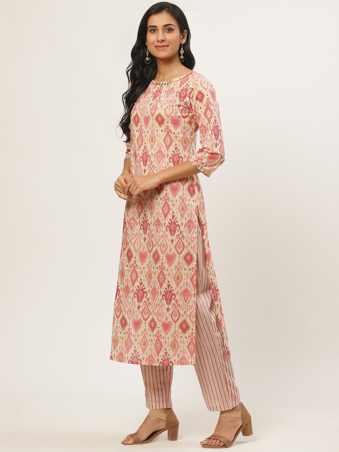 Women Beige Three-Quarter Sleeves Straight Kurta with Trouser | NOZ2TOZ - Made In INDIA.