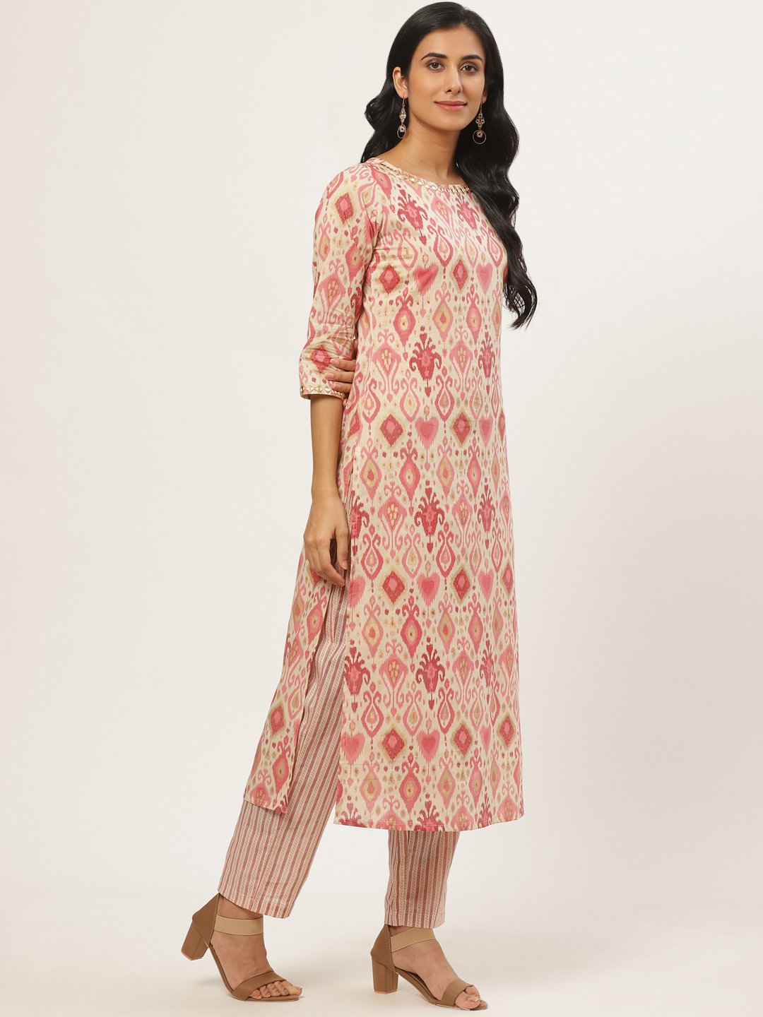 Women Beige Three-Quarter Sleeves Straight Kurta with Trouser | NOZ2TOZ - Made In INDIA.