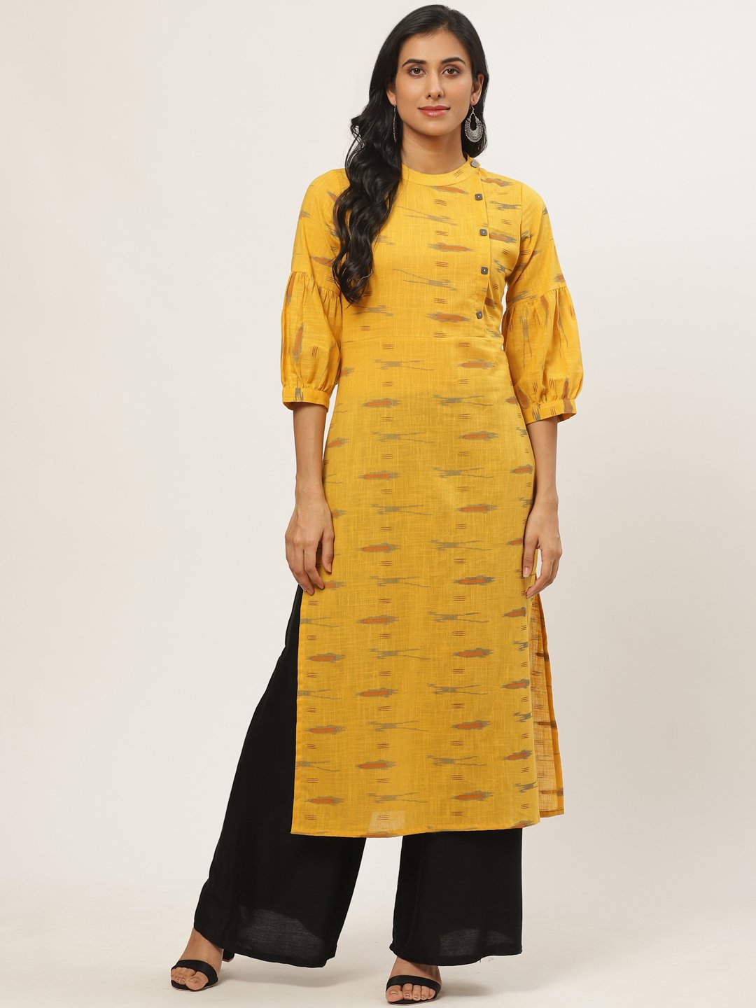 Women Mustard Calf Length Three-Quarter Sleeves Straight Abstract Yoke Design Cotton Kurta | NOZ2TOZ - Made In INDIA.