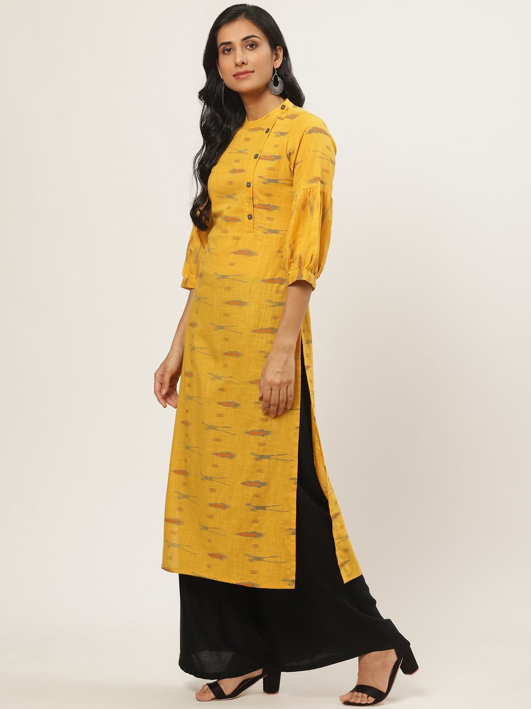 Women Mustard Calf Length Three-Quarter Sleeves Straight Abstract Yoke Design Cotton Kurta | NOZ2TOZ - Made In INDIA.