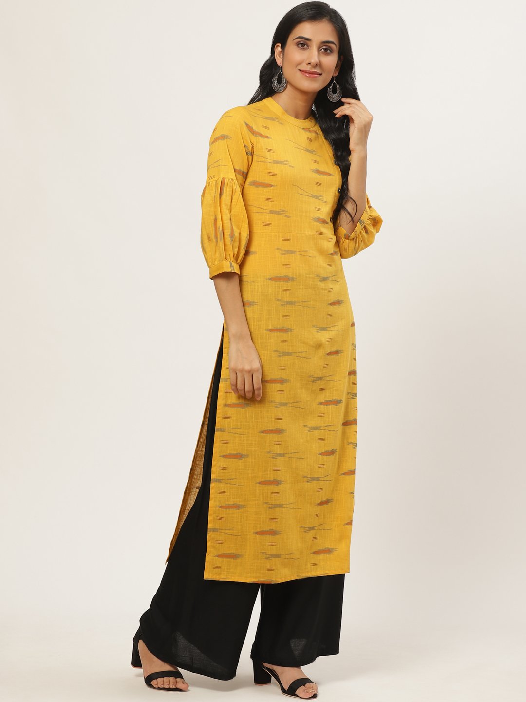 Women Mustard Calf Length Three-Quarter Sleeves Straight Abstract Yoke Design Cotton Kurta | NOZ2TOZ - Made In INDIA.