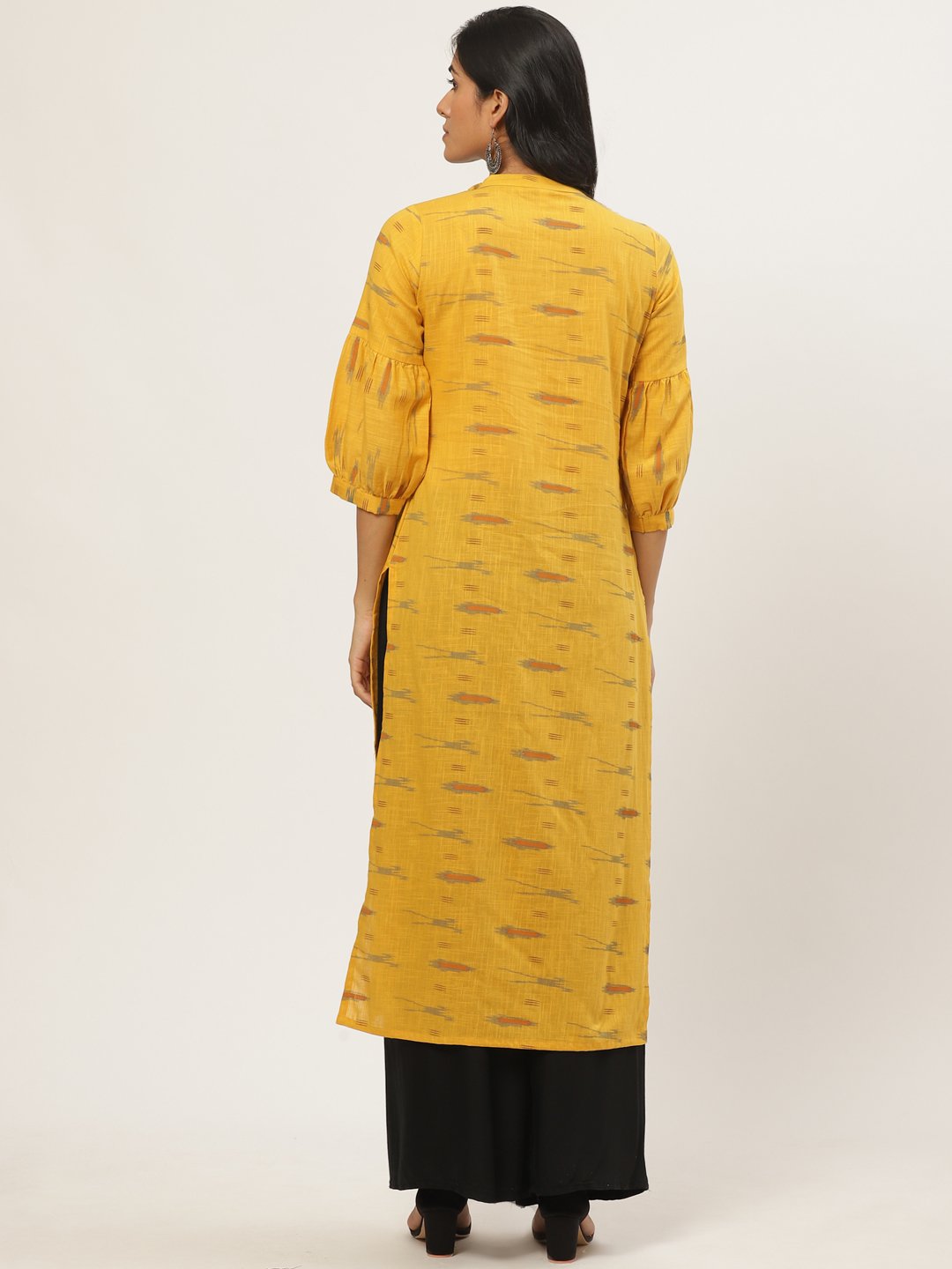 Women Mustard Calf Length Three-Quarter Sleeves Straight Abstract Yoke Design Cotton Kurta | NOZ2TOZ - Made In INDIA.