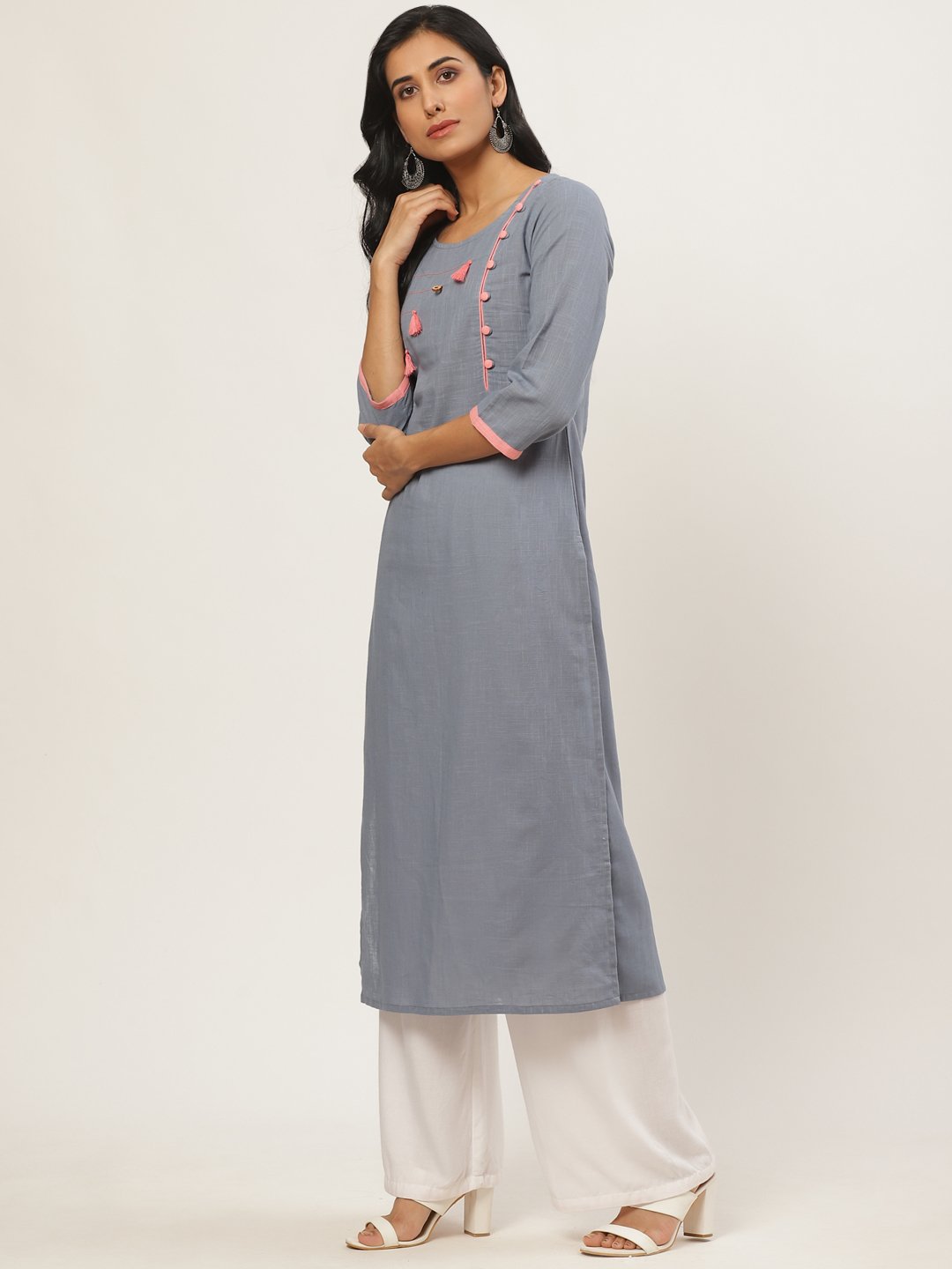 Women Grey Calf Length Three-Quarter Sleeves Straight Solid Yoke Design Cotton Kurta | NOZ2TOZ - Made In INDIA.