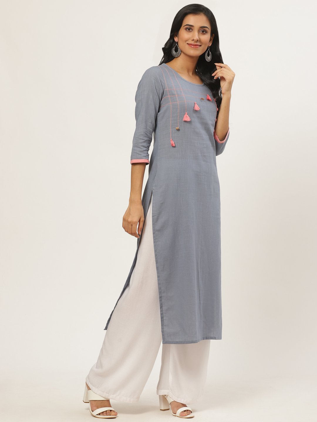 Women Grey Calf Length Three-Quarter Sleeves Straight Solid Yoke Design Cotton Kurta | NOZ2TOZ - Made In INDIA.