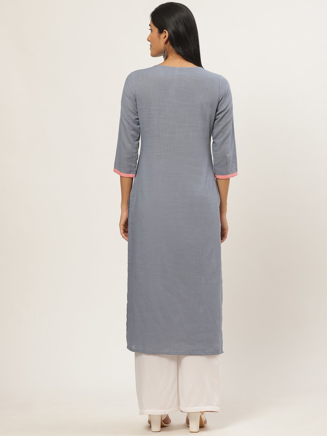 Women Grey Calf Length Three-Quarter Sleeves Straight Solid Yoke Design Cotton Kurta | NOZ2TOZ - Made In INDIA.