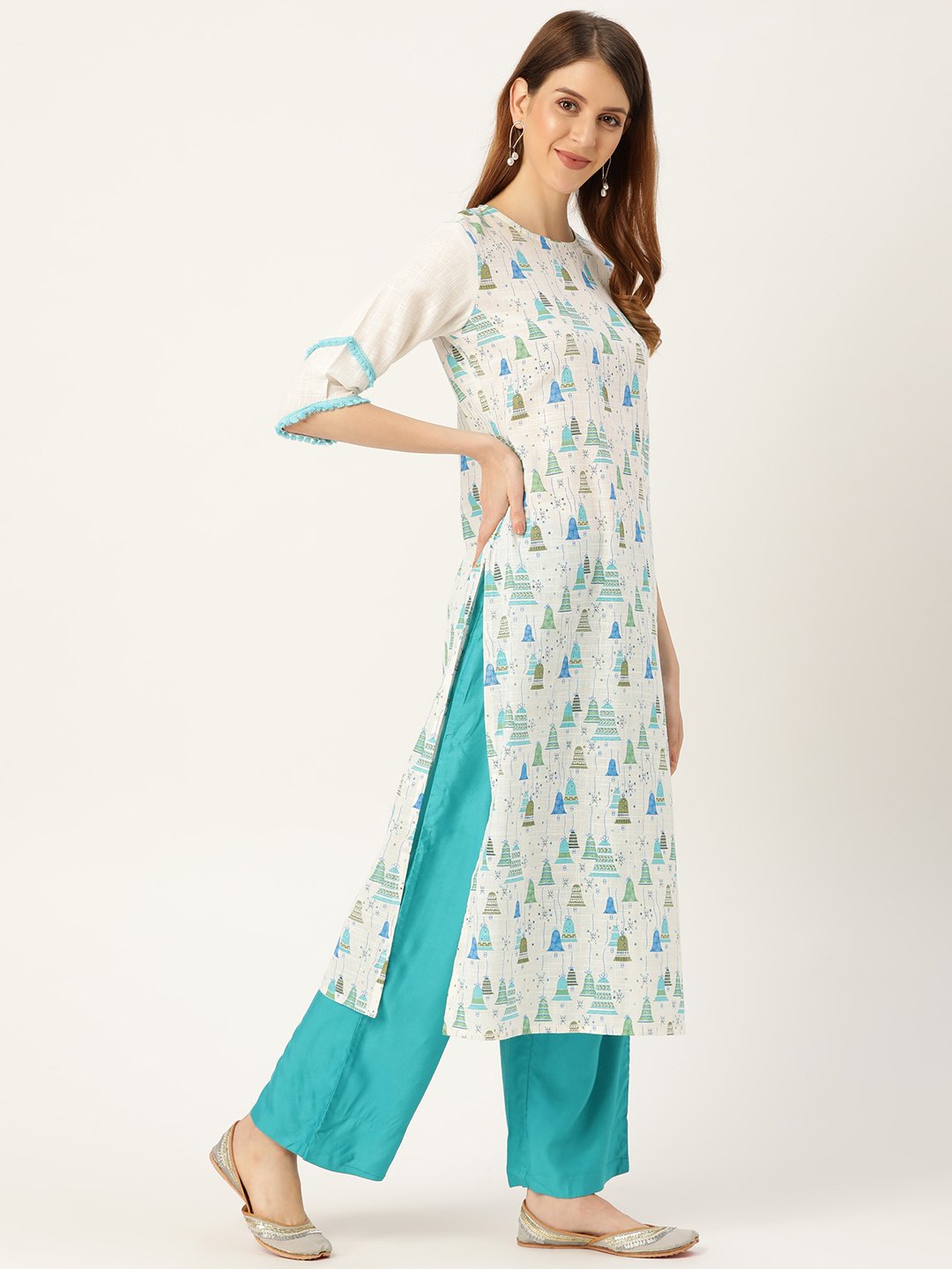 Women White Calf Length Three-Quarter Sleeves Straight Quirky Printed Cotton Kurta | NOZ2TOZ - Made In INDIA.