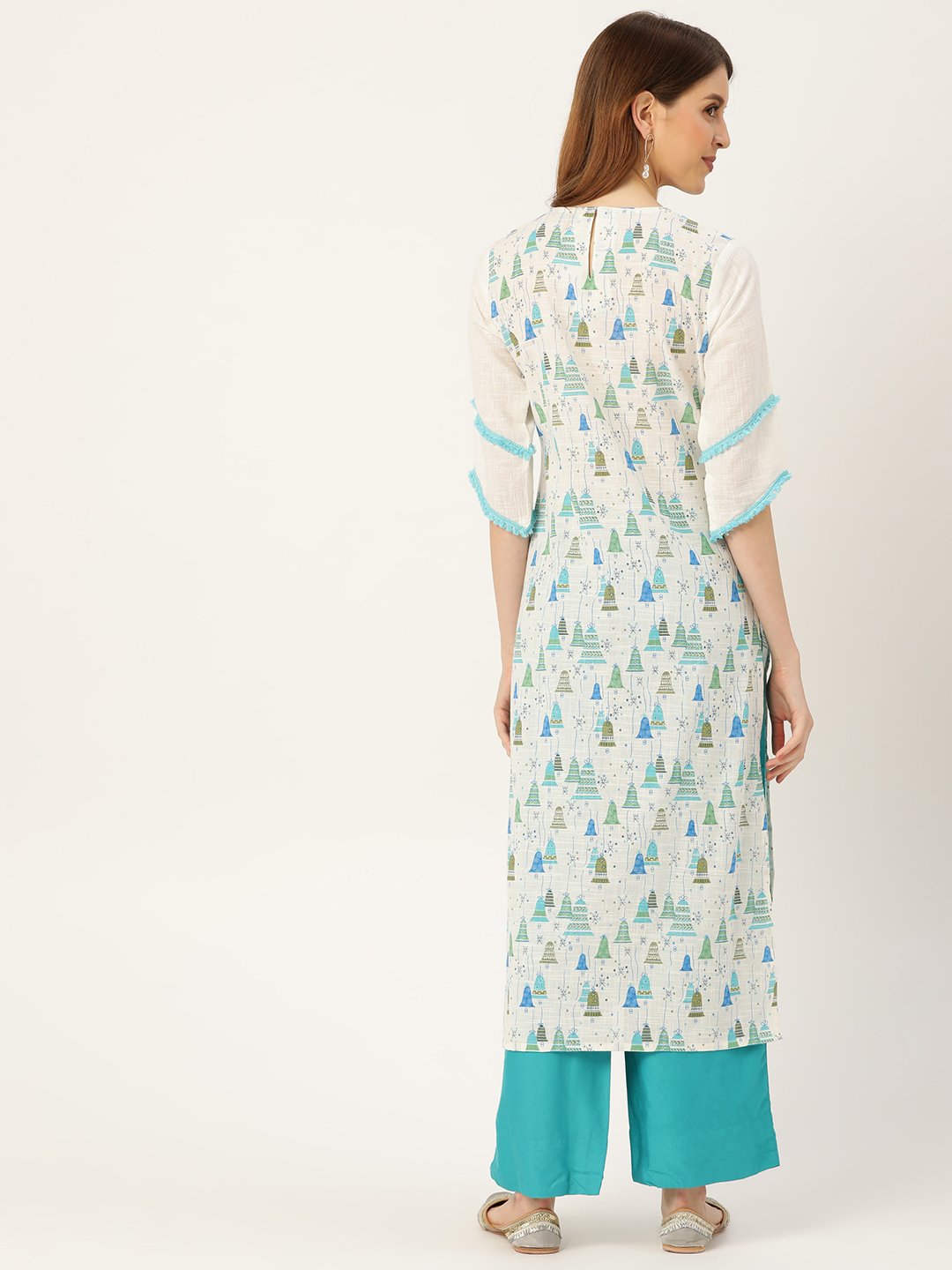 Women White Calf Length Three-Quarter Sleeves Straight Quirky Printed Cotton Kurta | NOZ2TOZ - Made In INDIA.