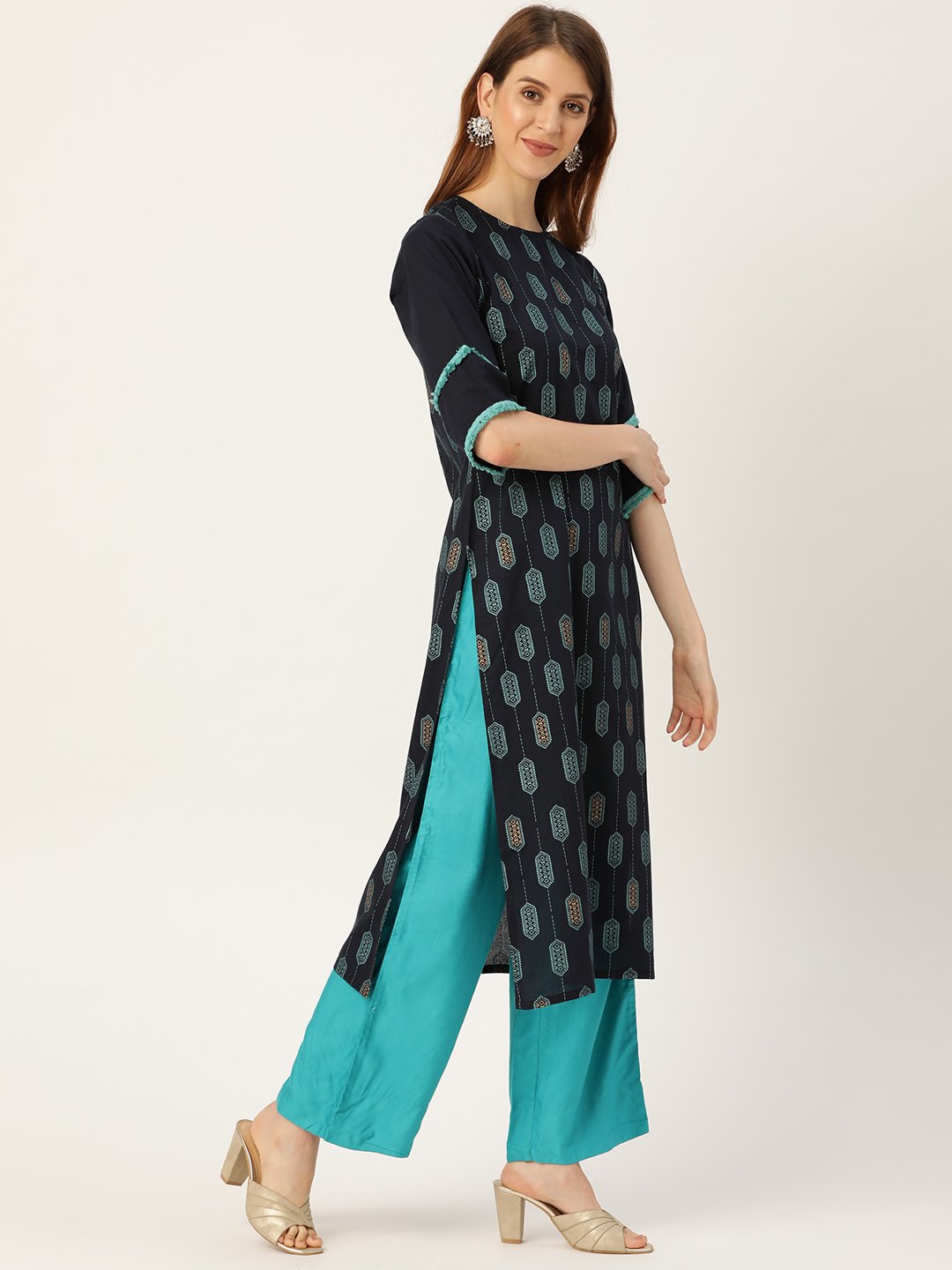 Women Navy Blue Calf Length Three-Quarter Sleeves Straight Ethnic Motifs Printed Cotton Kurta | NOZ2TOZ - Made In INDIA.