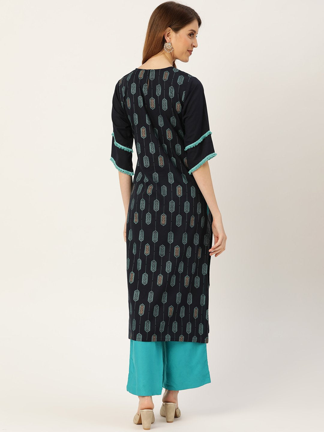 Women Navy Blue Calf Length Three-Quarter Sleeves Straight Ethnic Motifs Printed Cotton Kurta | NOZ2TOZ - Made In INDIA.