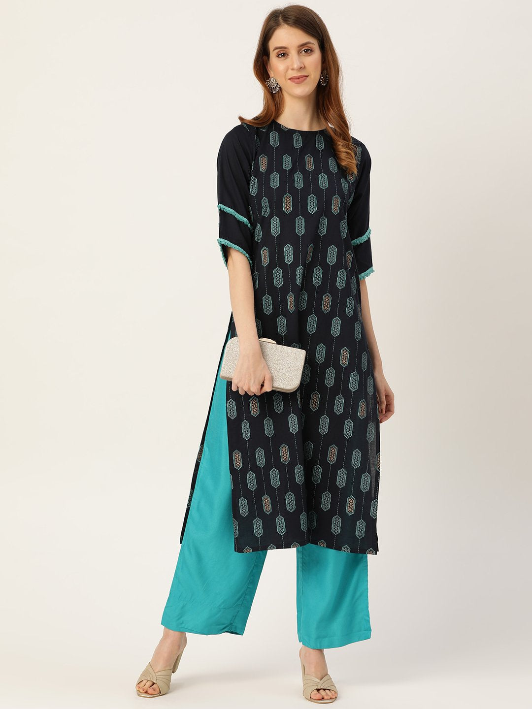 Women Navy Blue Calf Length Three-Quarter Sleeves Straight Ethnic Motifs Printed Cotton Kurta | NOZ2TOZ - Made In INDIA.