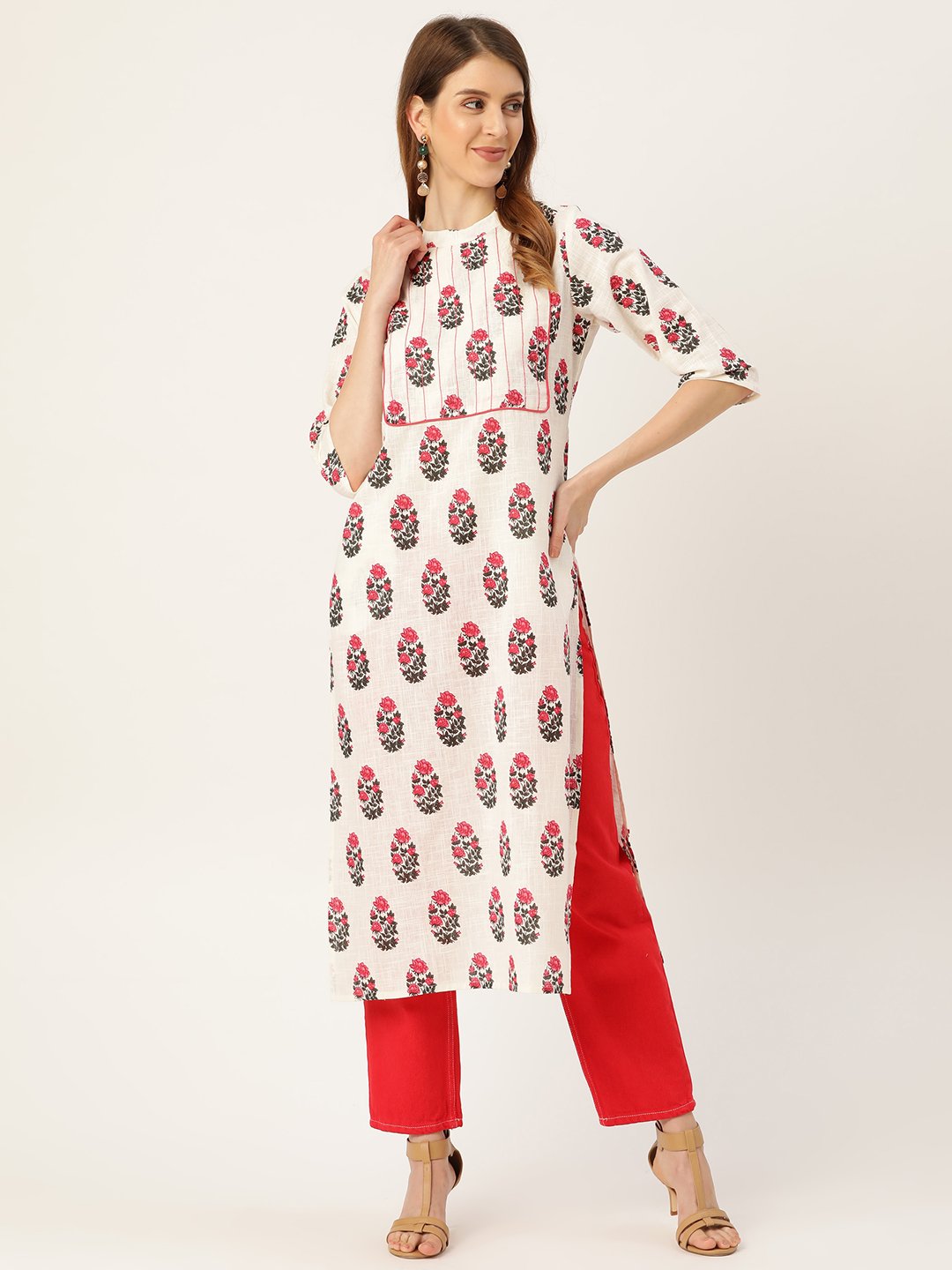 Women White Calf Length Three-Quarter Sleeves Straight Floral Printed Cotton Kurta | NOZ2TOZ - Made In INDIA.