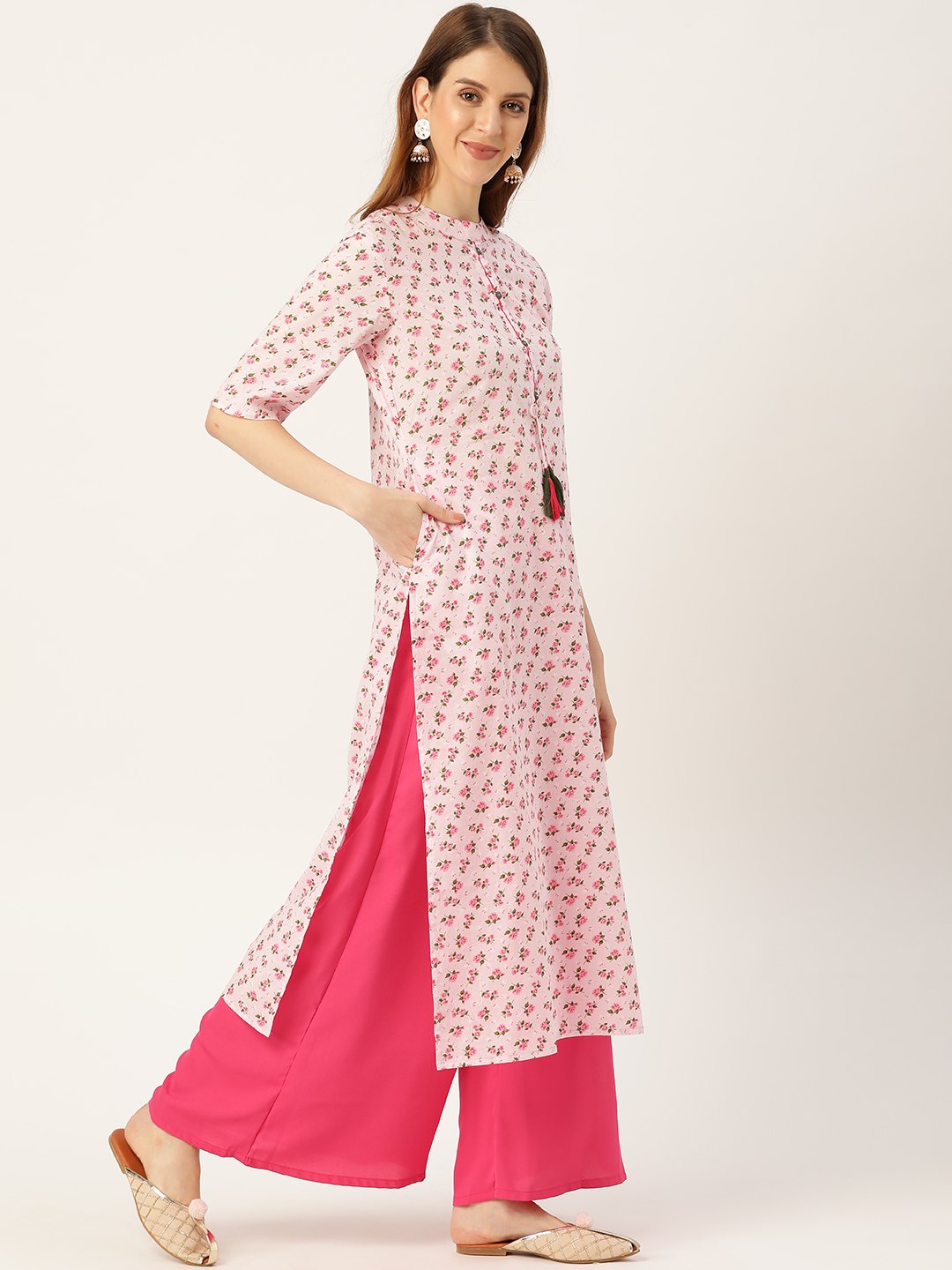 Women Pink Calf Length Three-Quarter Sleeves Straight Floral Printed Cotton Kurta | NOZ2TOZ - Made In INDIA.