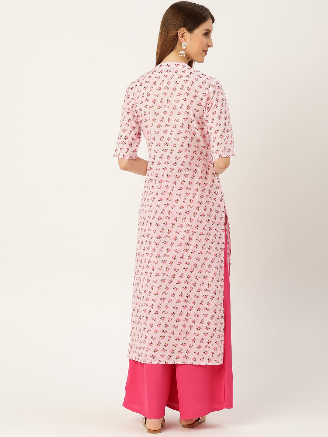 Women Pink Calf Length Three-Quarter Sleeves Straight Floral Printed Cotton Kurta | NOZ2TOZ - Made In INDIA.