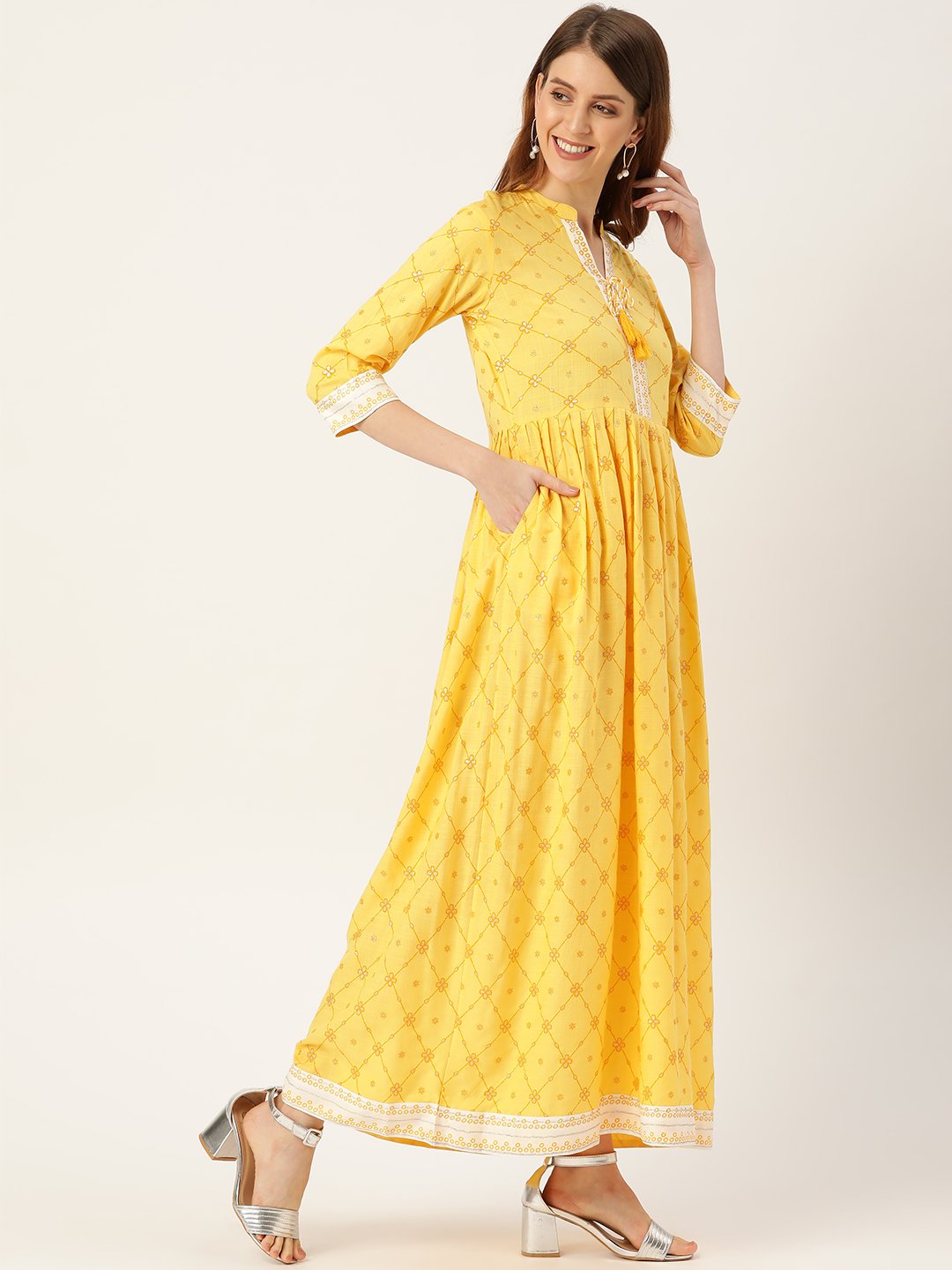 Women Yellow Floral Printed Mandarin Collar Viscose Rayon Fit and Flare Dress | NOZ2TOZ - Made In INDIA.