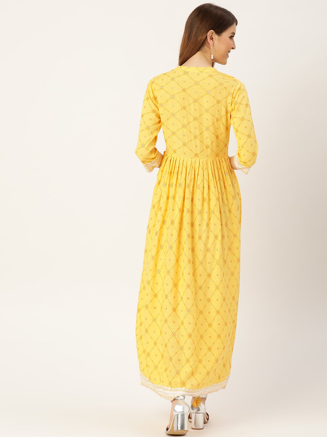 Women Yellow Floral Printed Mandarin Collar Viscose Rayon Fit and Flare Dress | NOZ2TOZ - Made In INDIA.