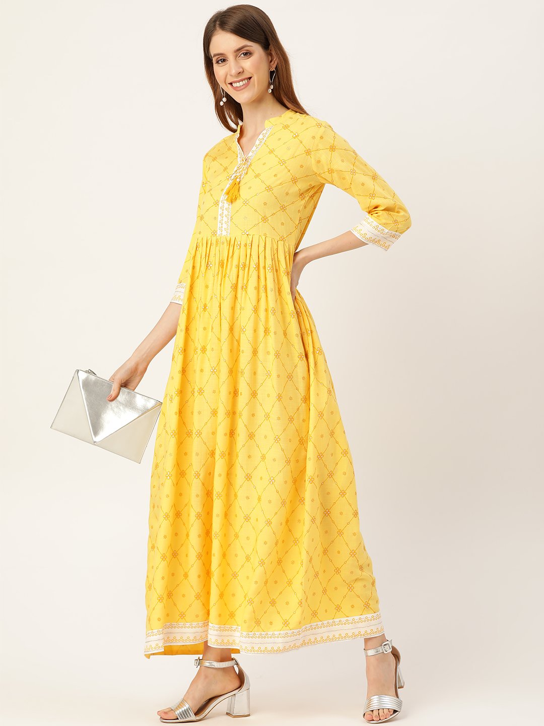 Women Yellow Floral Printed Mandarin Collar Viscose Rayon Fit and Flare Dress | NOZ2TOZ - Made In INDIA.