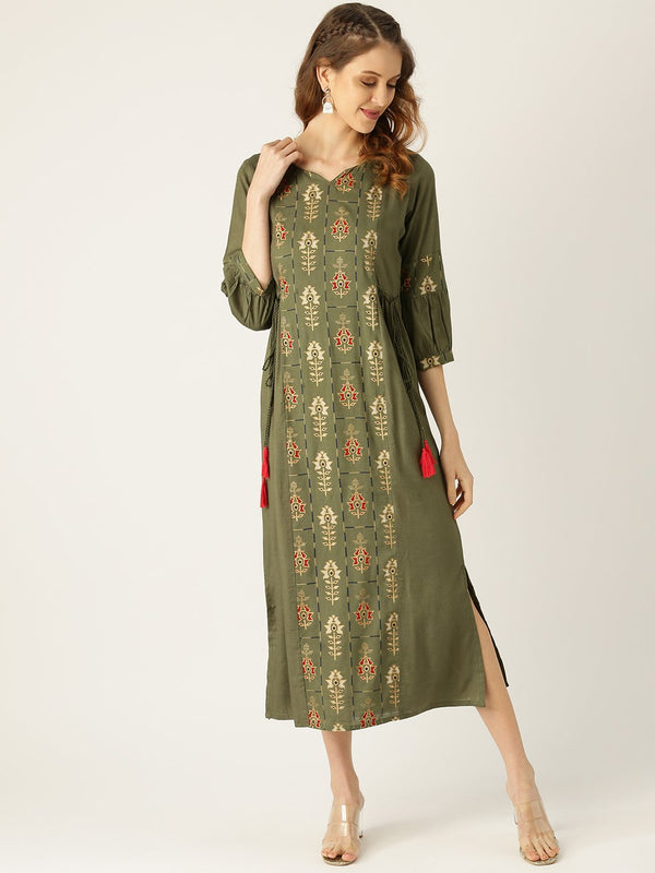 Women Green Ethnic Motifs Printed V-Neck Viscose Rayon Maxi Dress | NOZ2TOZ - Made In INDIA.