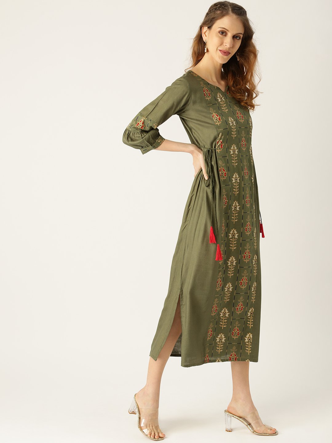 Women Green Ethnic Motifs Printed V-Neck Viscose Rayon Maxi Dress | NOZ2TOZ - Made In INDIA.