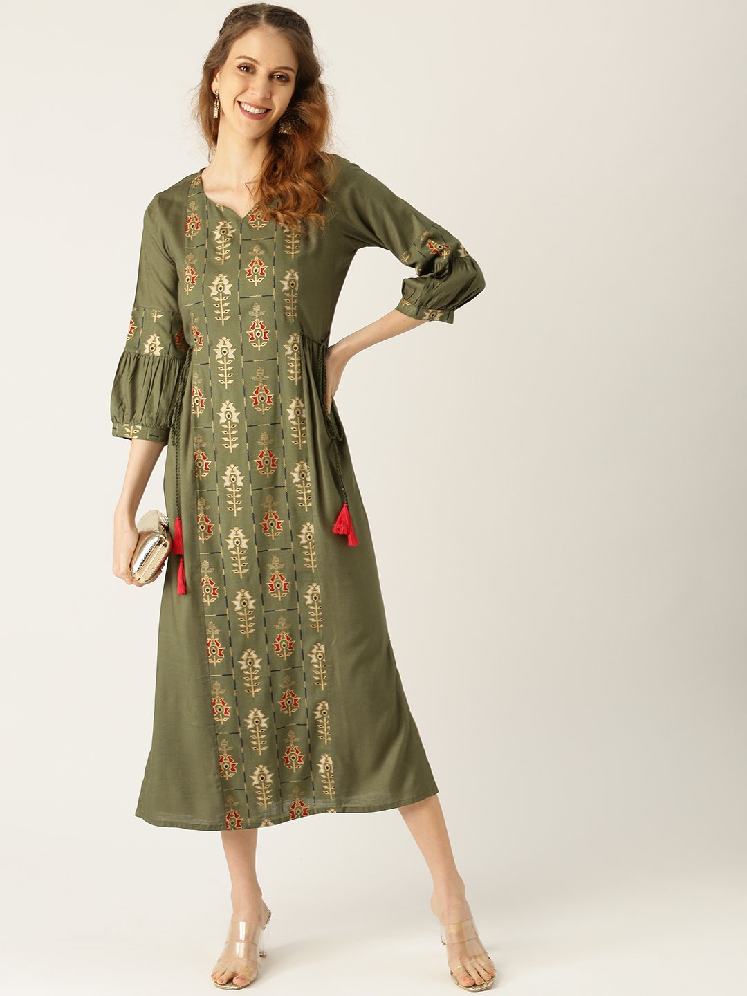 Women Green Ethnic Motifs Printed V-Neck Viscose Rayon Maxi Dress | NOZ2TOZ - Made In INDIA.